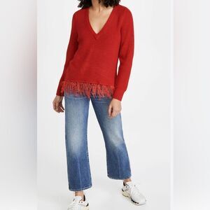 Saylor NYC Juneau Feathered Sweater Red Pullover Long Sleeve Feather Trim Sz M